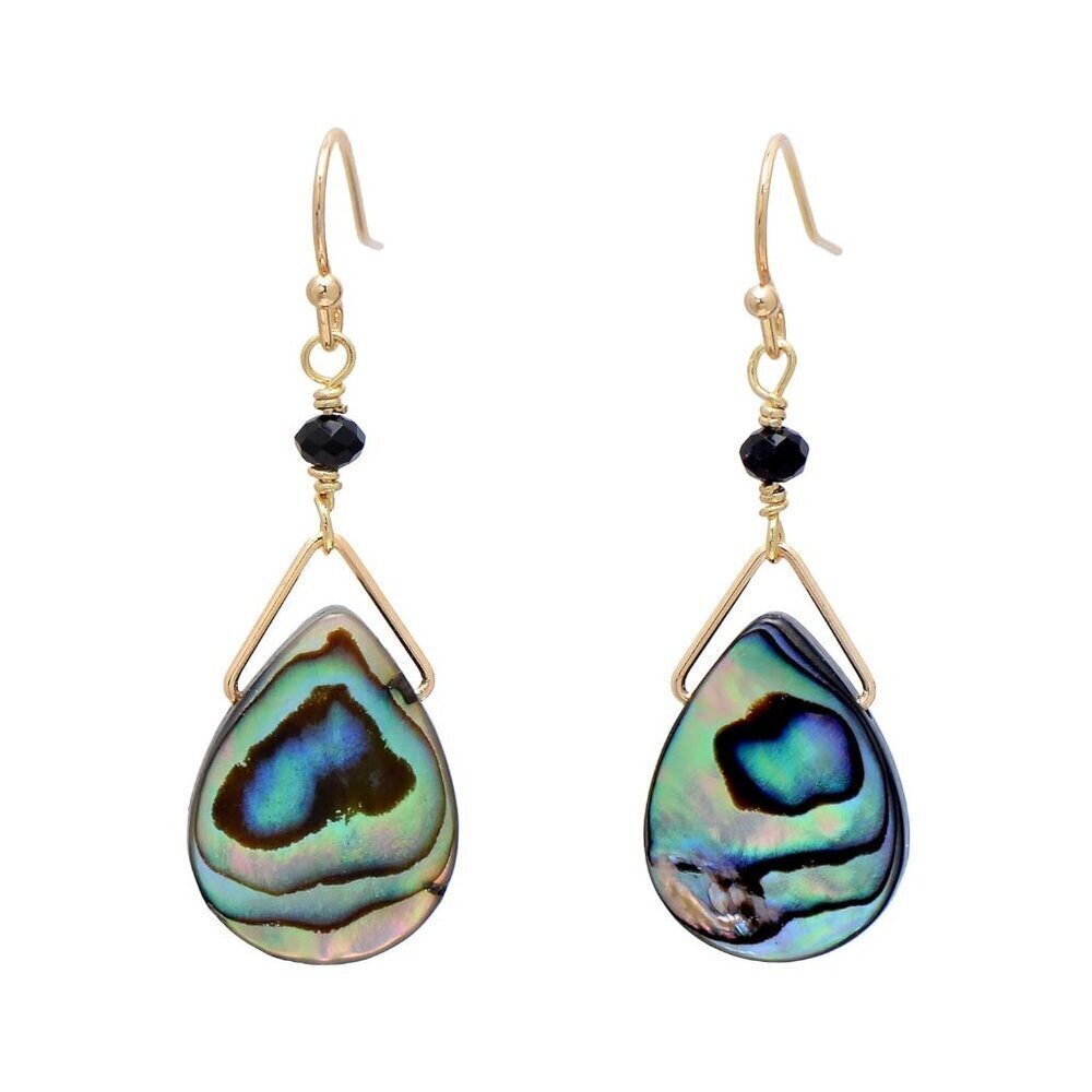 Yellow Gold Plated Hand-Wrapped Tear Drop Abalone Shell Dangling Earrings for Wo